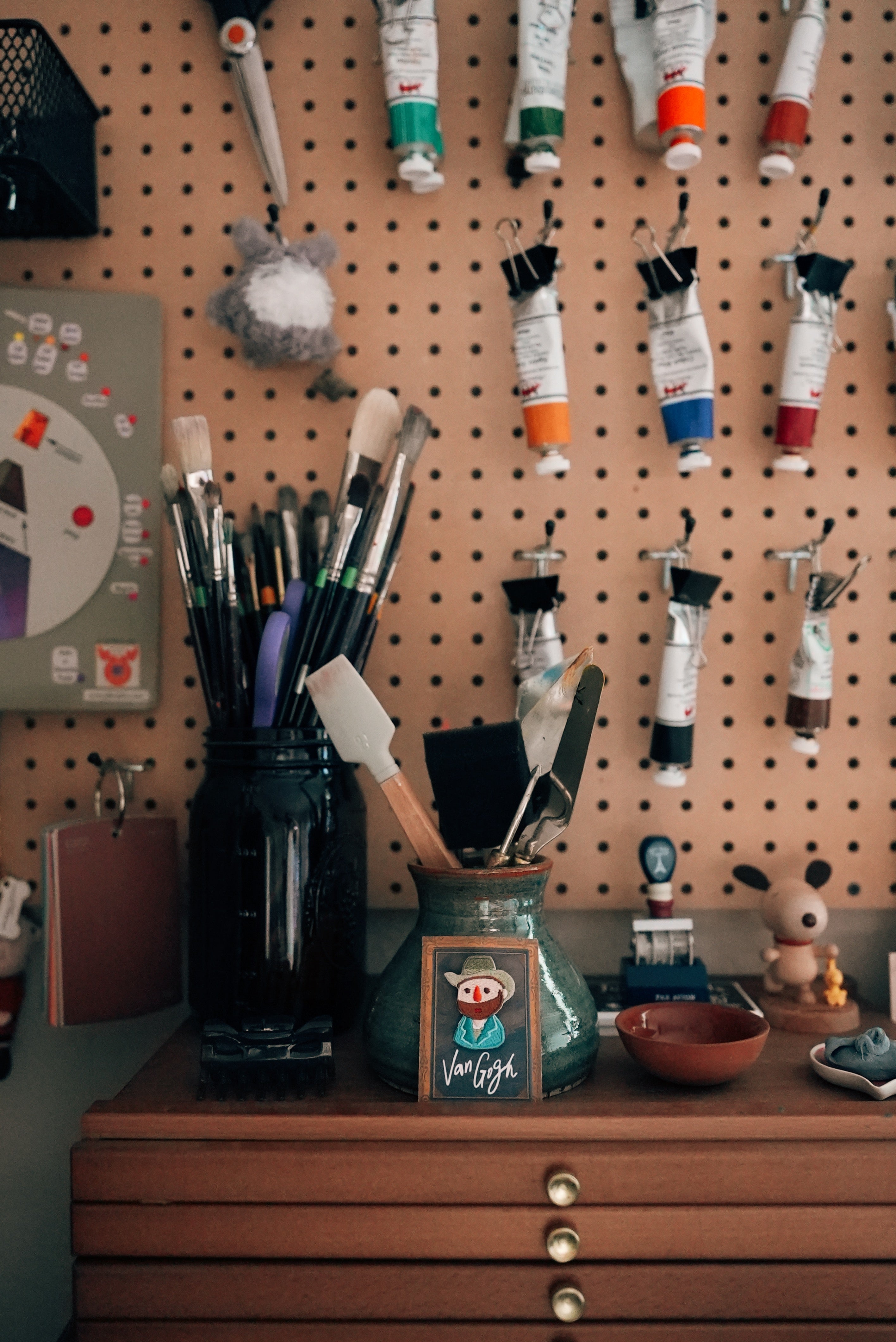 Close up detail shot of all my painting supplies in my studio. 
