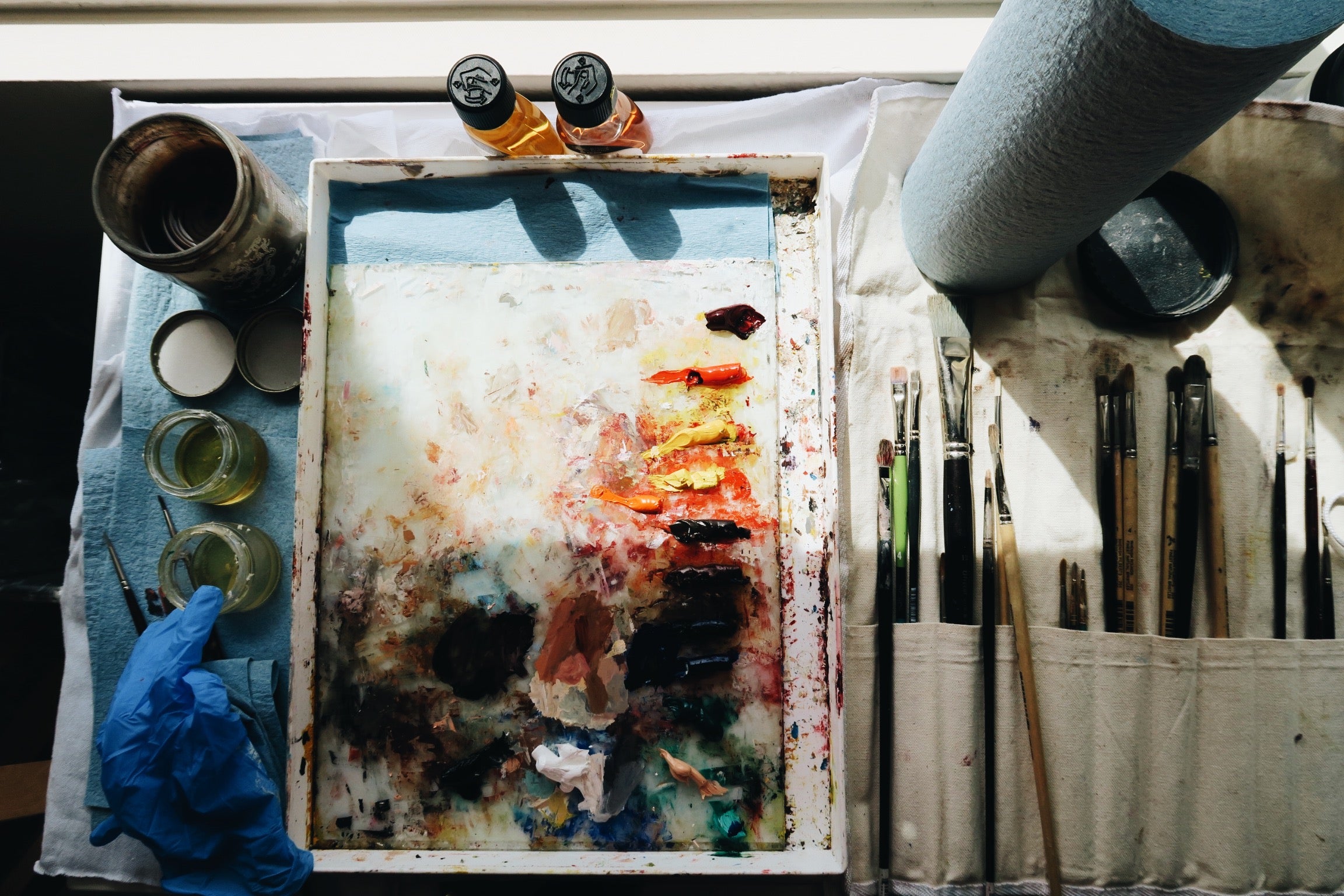 My beloved old glass palette, paint, and brushes